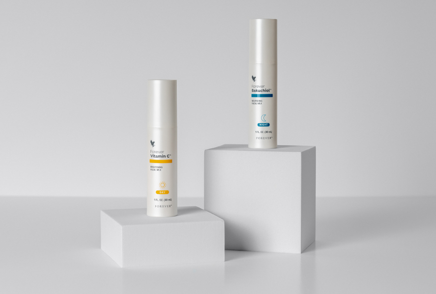 Forever Vitamin C and Bakuchiol Duo – anpassad hudvård för dag och natt, ansiktsmjölk med vitamin C (THD) och växtbaserat retinol (vitamin A), bakuchiol.