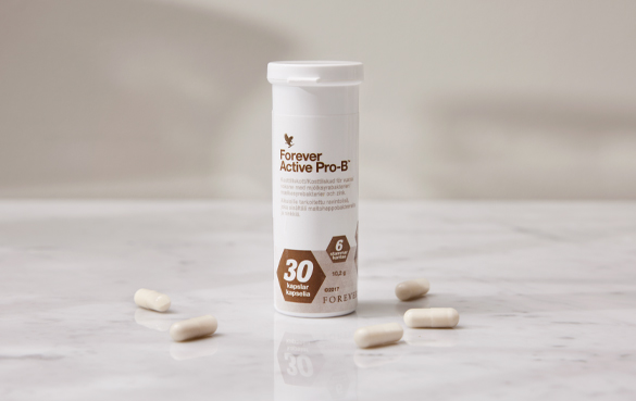 Forever Active Pro-B innehåller åtta miljarder levande mjölksyrabakterier och mineralen zink. 