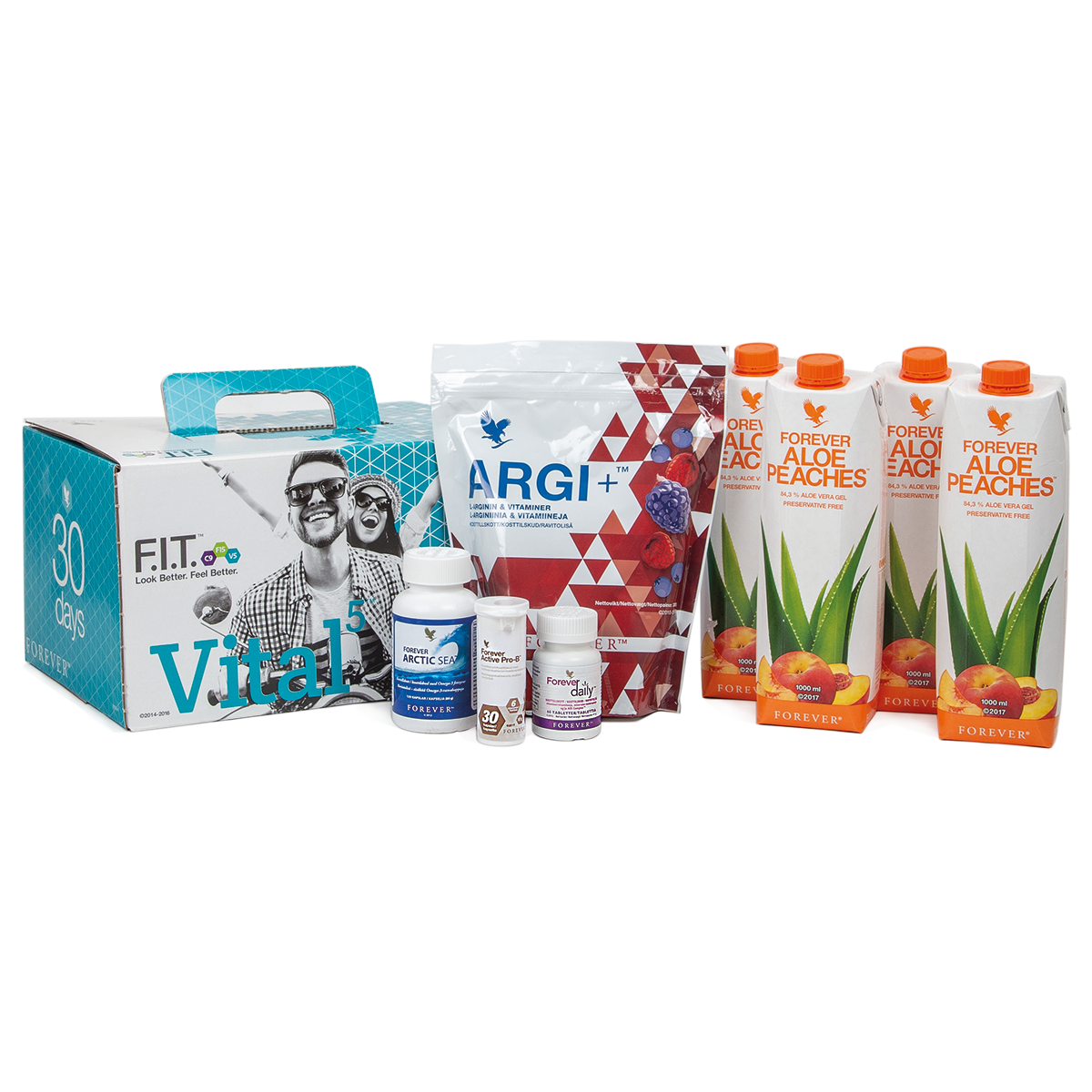Vital5 samlar våra 5 populäraste kosttillskott, innehåller bl.a. Forever Daily multivitamin, Forever Active Pro-B och Forever Acrtic Sea.