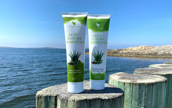 Aloe-Jojoba sjampo og balsam fra Forever Living Products hjelper deg med å opprettholde en god hårrutine i sommer.